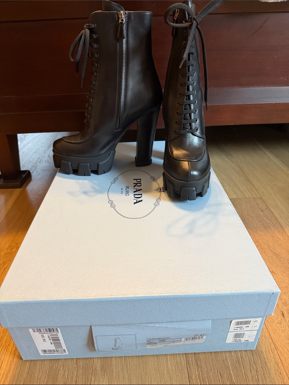 Prada Black Leather Platform Lace-Up High-Heel Ankle Boots